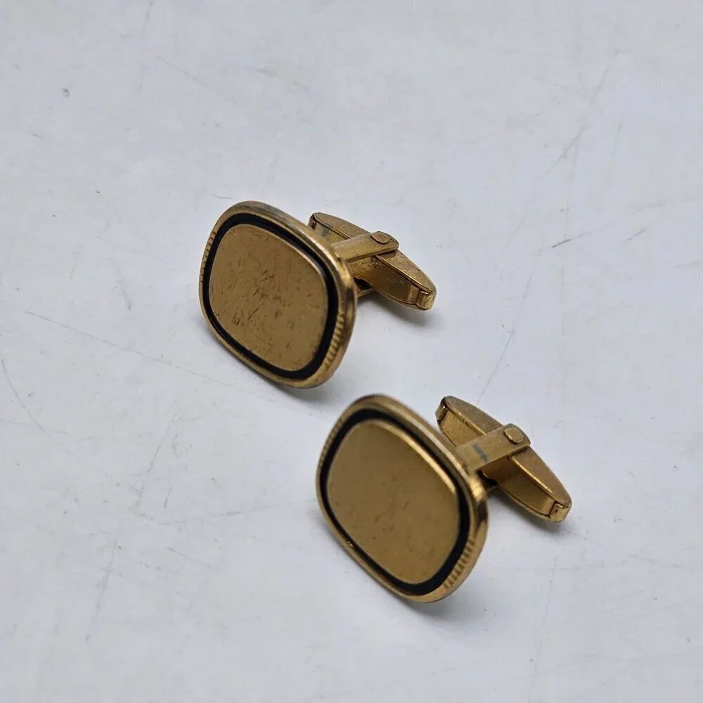 Vintage Gold Tone Square Cufflinks With Black Trim READ ME